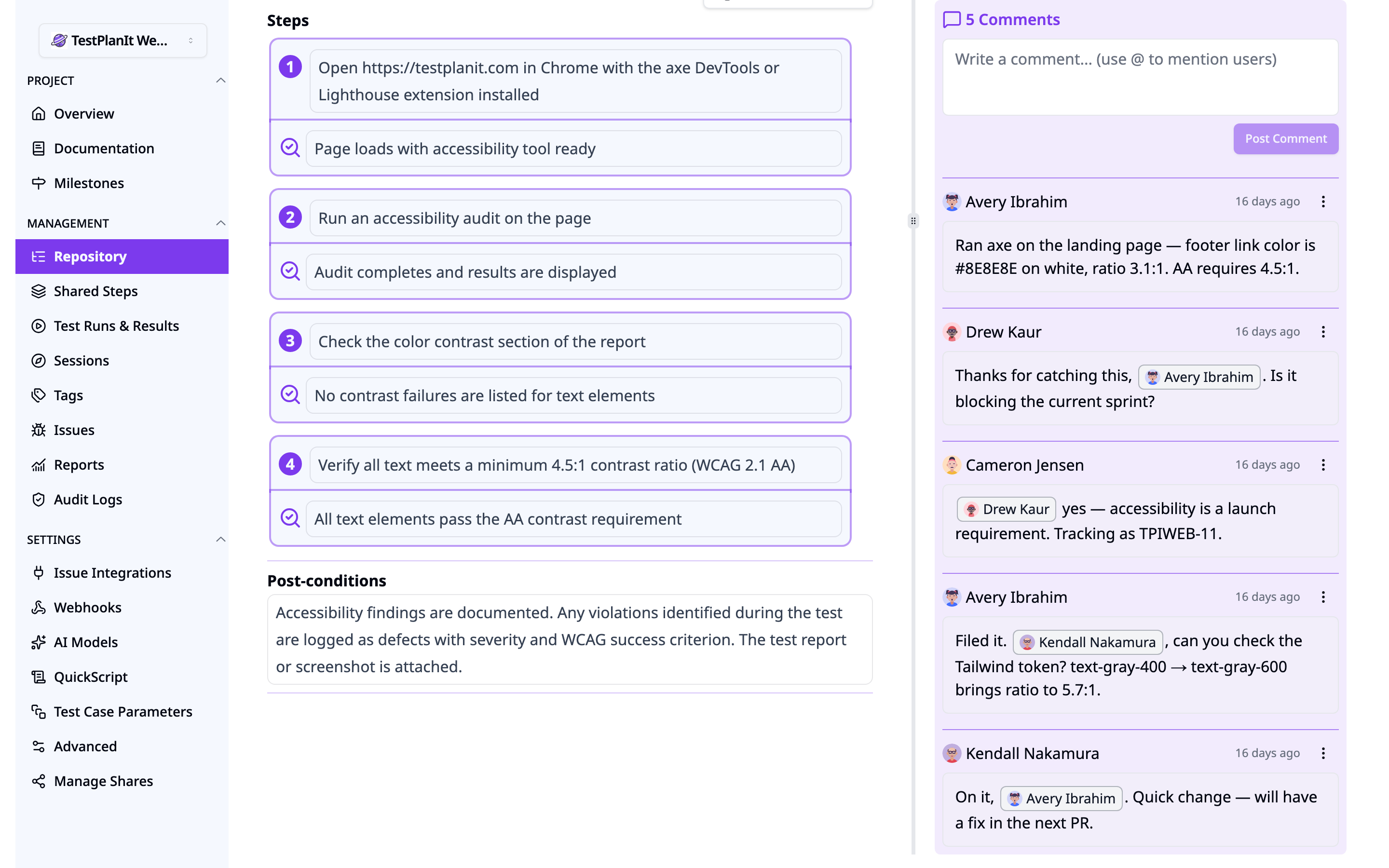 The comments panel on a test case detail page, showing a threaded discussion between four people with @mention chips rendered inline