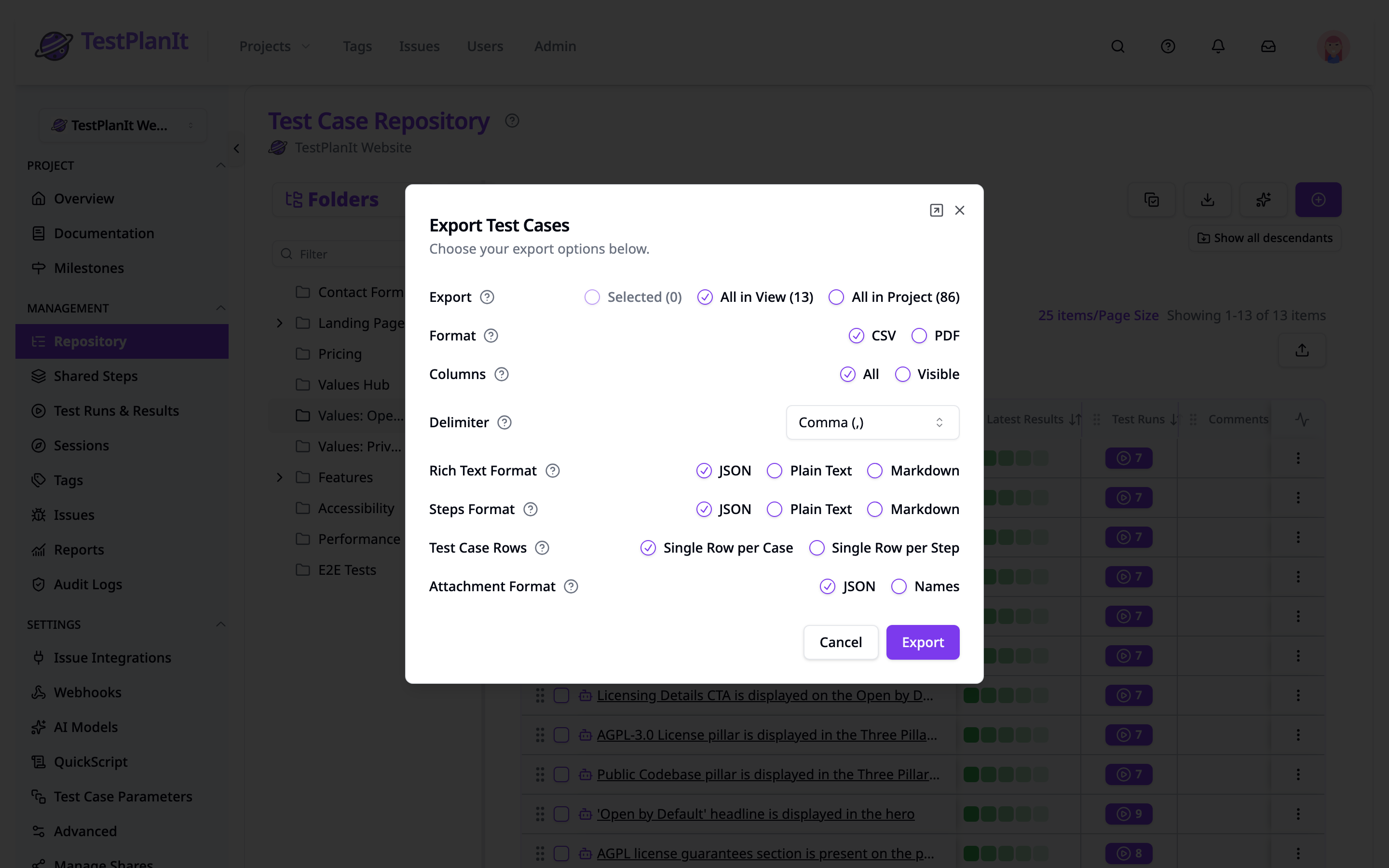 The Export Test Cases dialog open over the repository, showing the scope selection alongside the field and format options