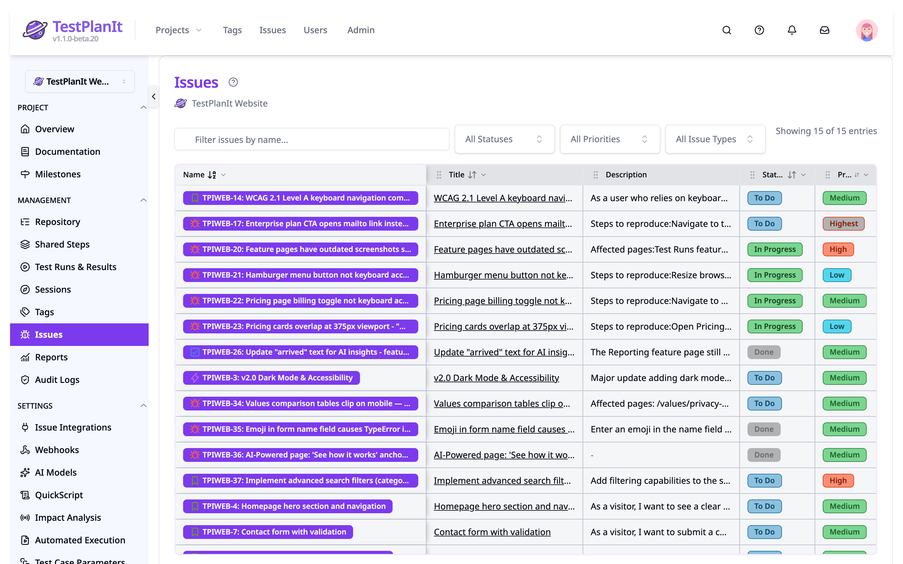 The project Issues page listing issues linked to this project's test artifacts, with the search box and the status, priority, and issue-type filters above the table