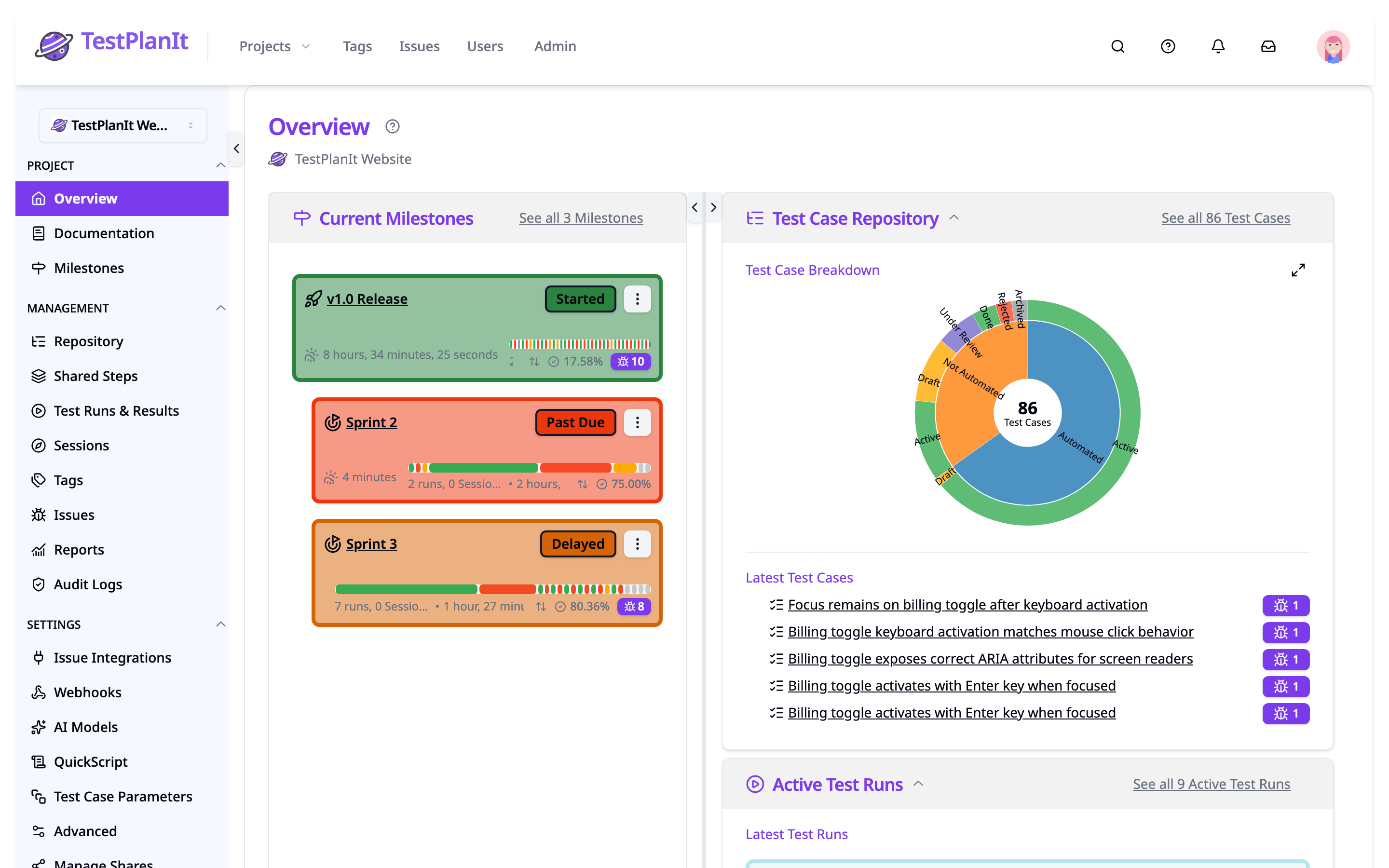 The Project Overview page showing the project header and the summary sections laid out in two columns, each with its own "see all" link