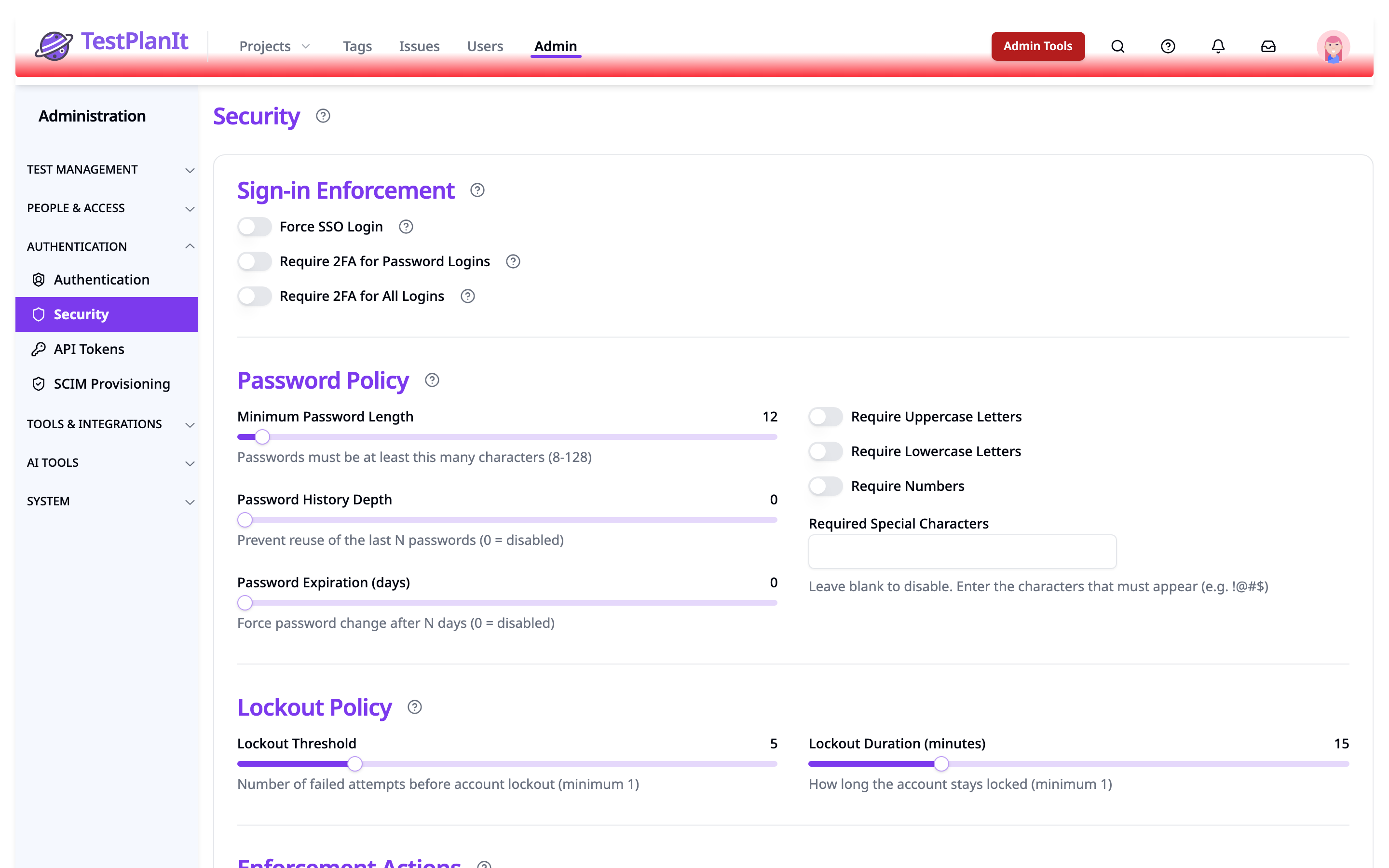 The admin Security page listing the sign-in enforcement, password policy, and account lockout controls