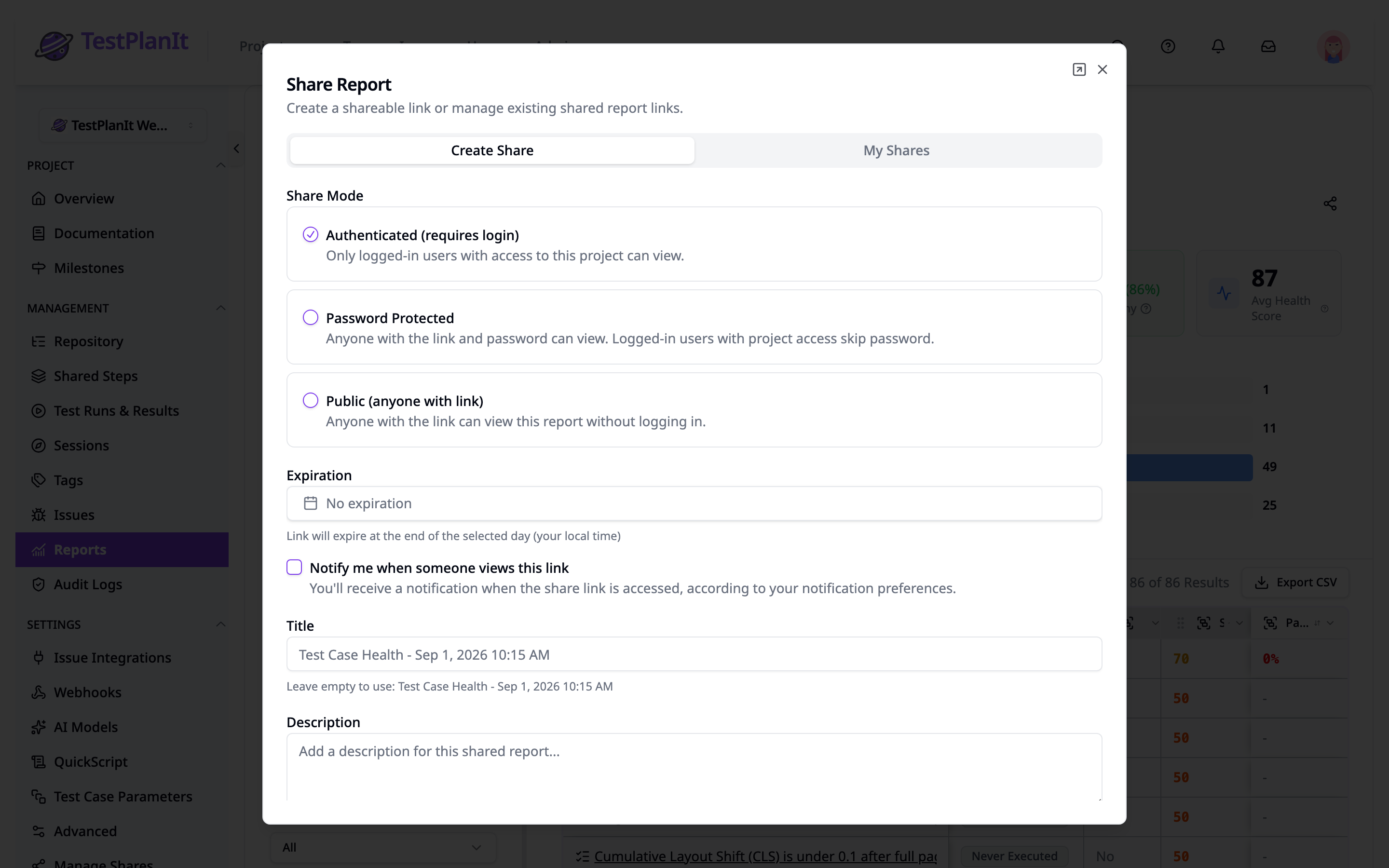 The Share Report dialog on its Create Share tab, showing the three share modes, the expiration picker, the view-notification checkbox, and the title and description fields