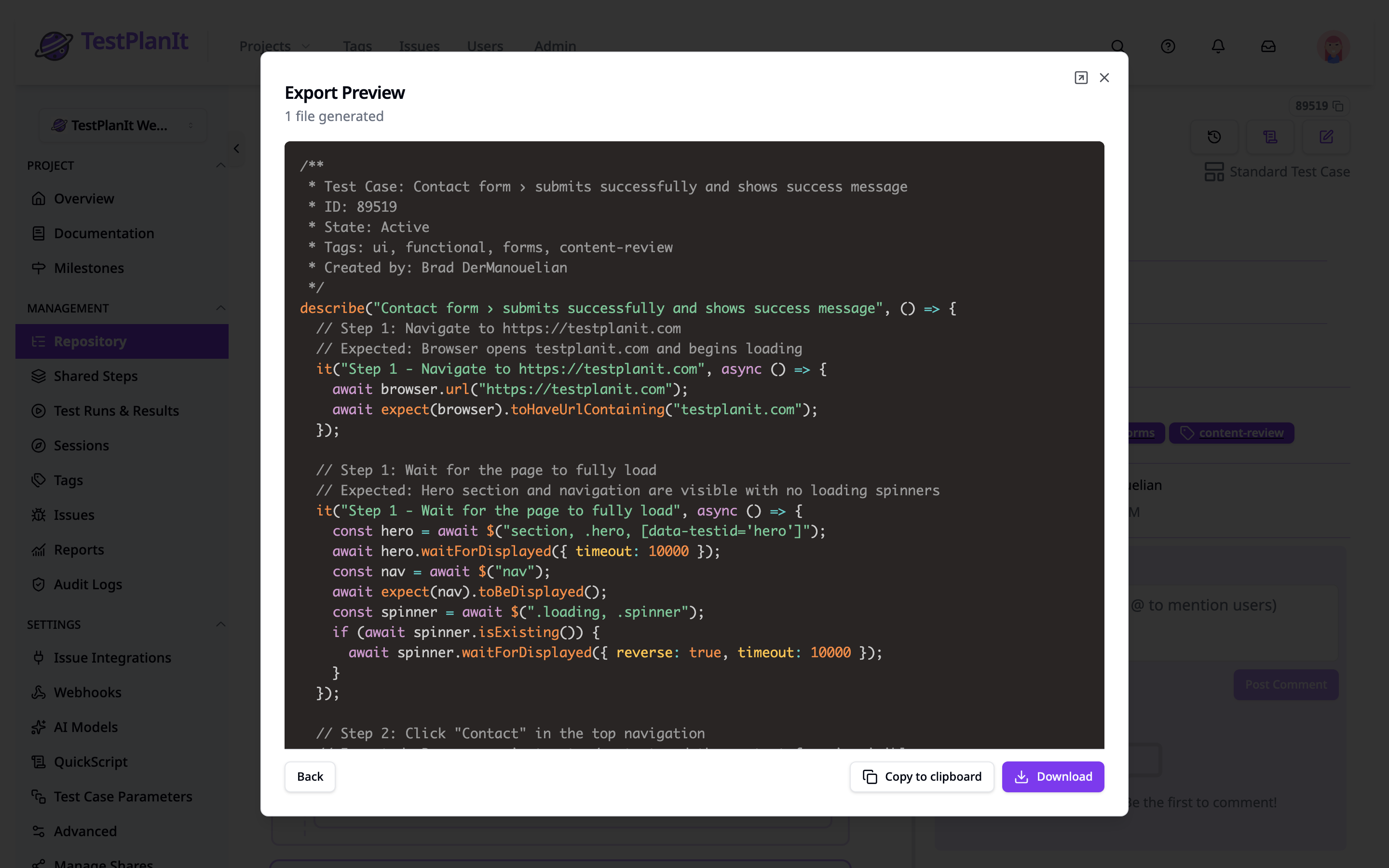 TestPlanIt QuickScript export preview showing an automation script generated from a manual test case