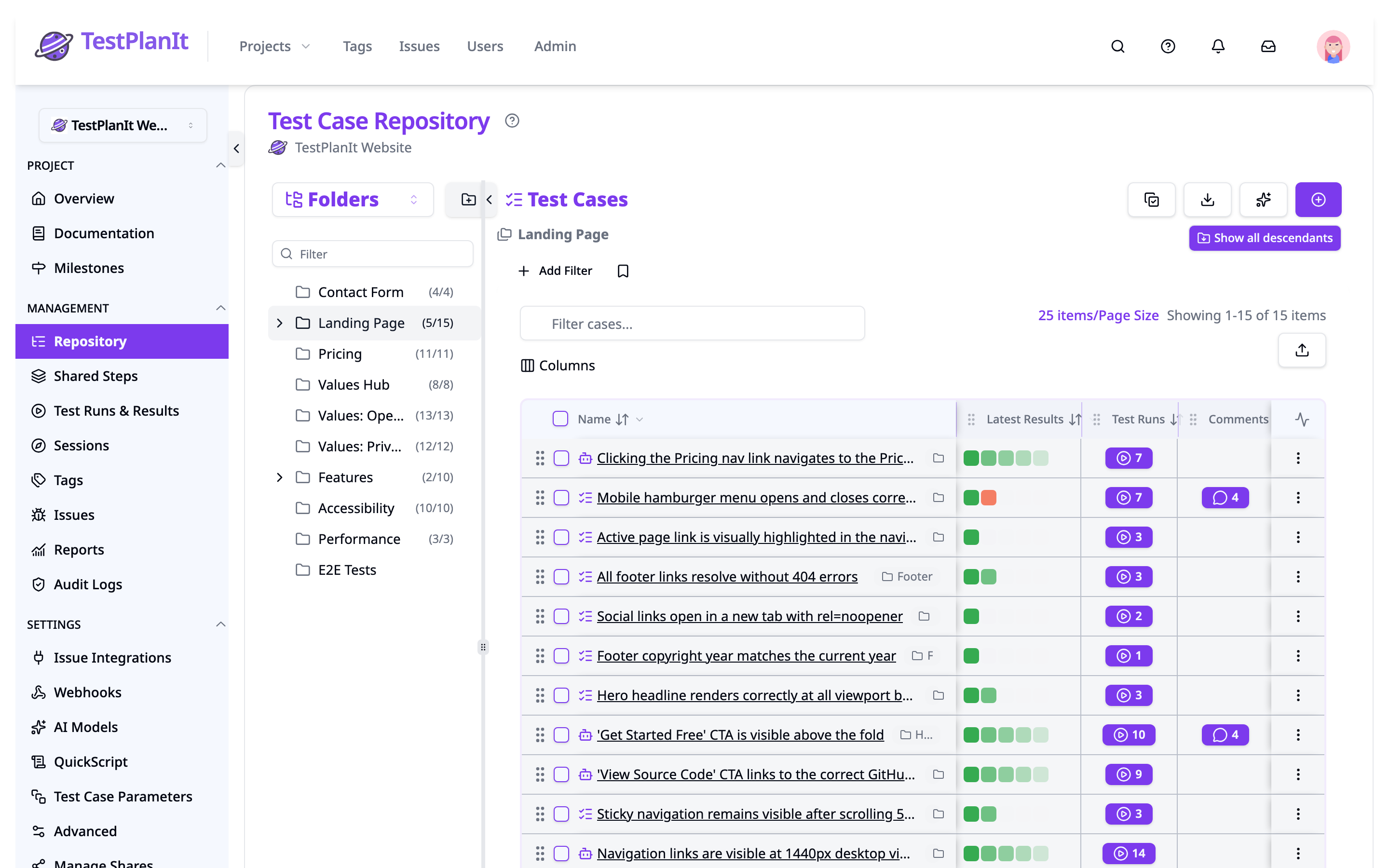 TestPlanIt test case management interface showing test repository, folders, and test cases