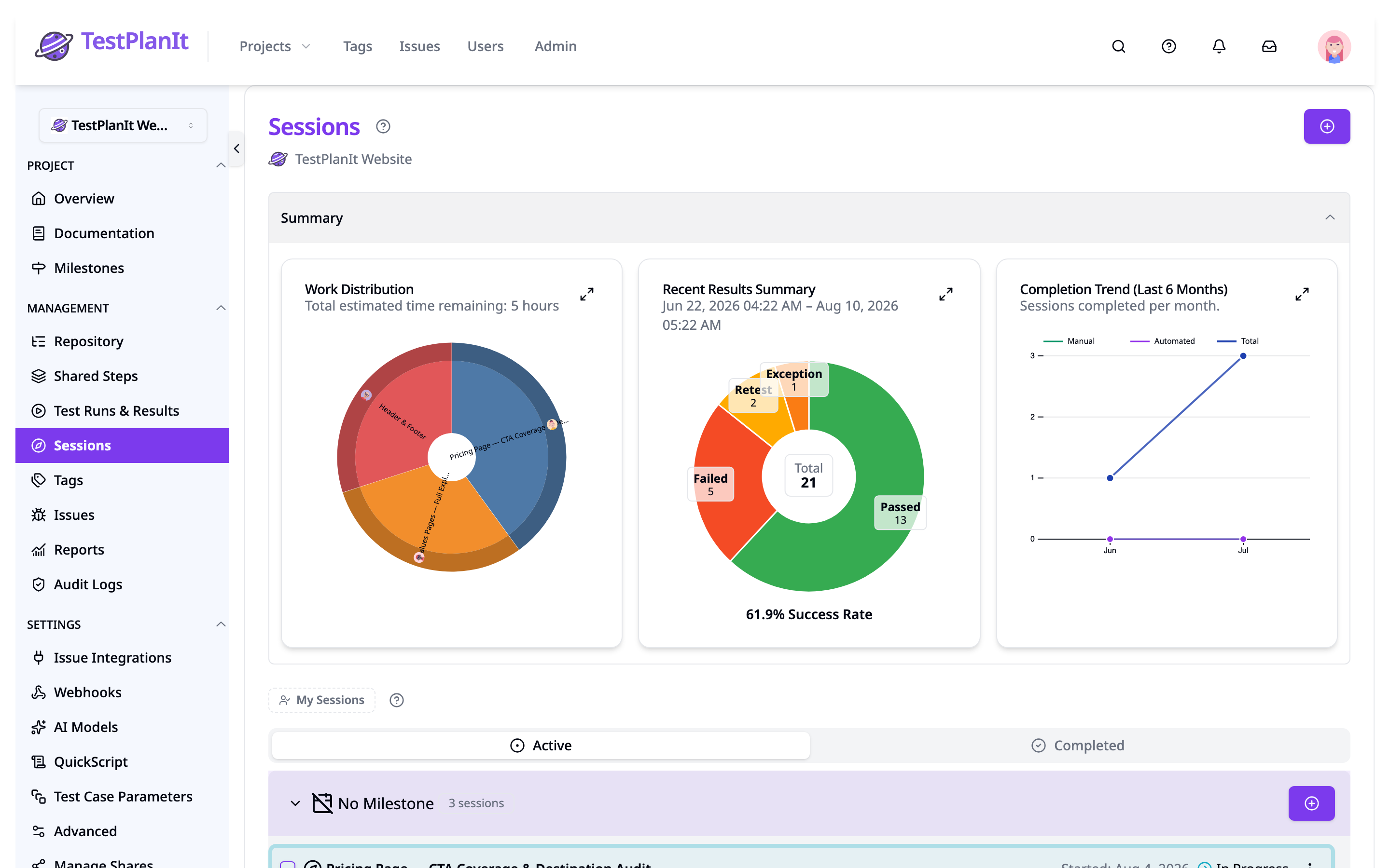 TestPlanIt exploratory testing sessions with results summary