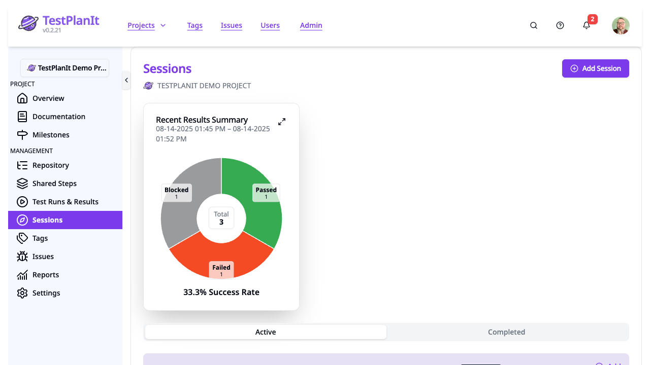 TestPlanIt exploratory testing sessions with results summary