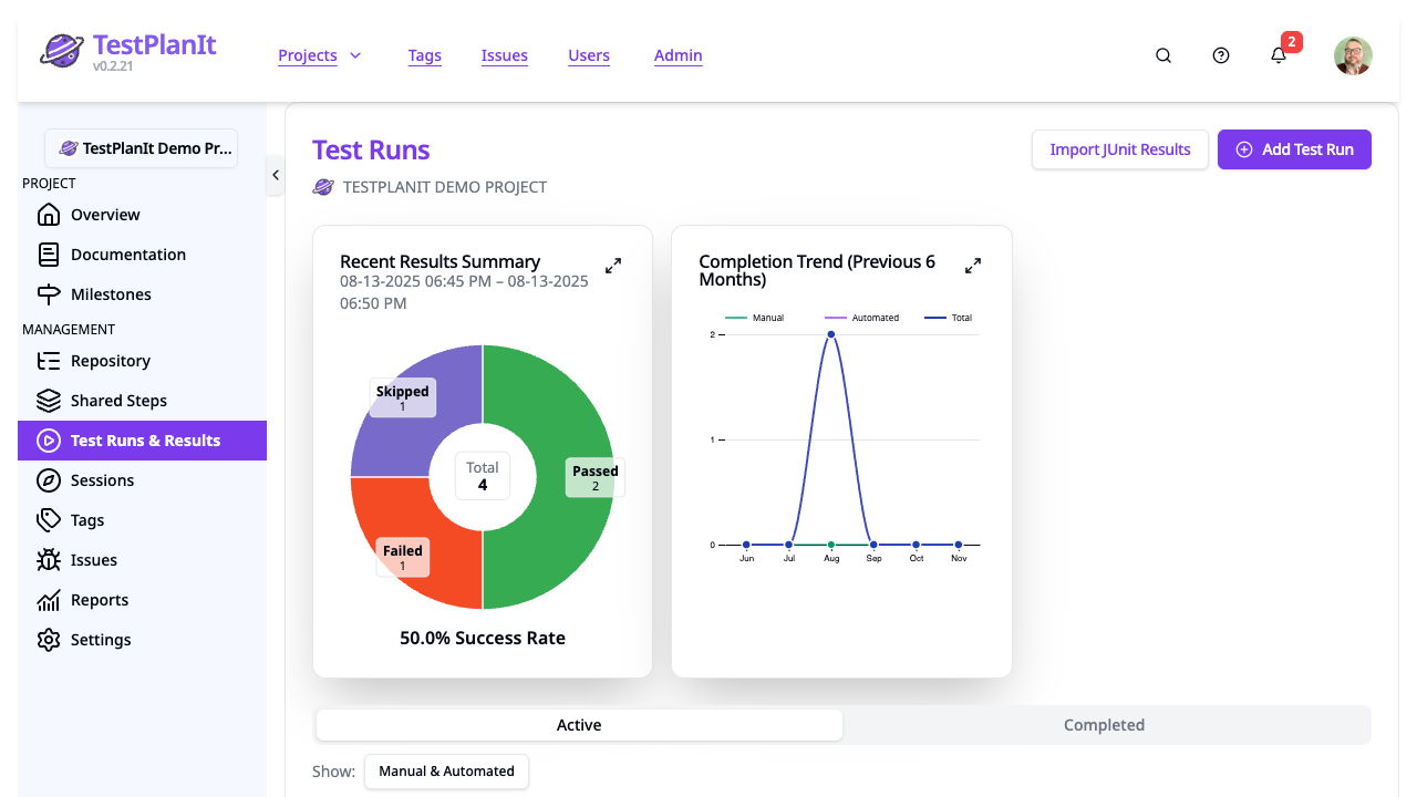TestPlanIt test runs and results dashboard with execution summary and trend charts